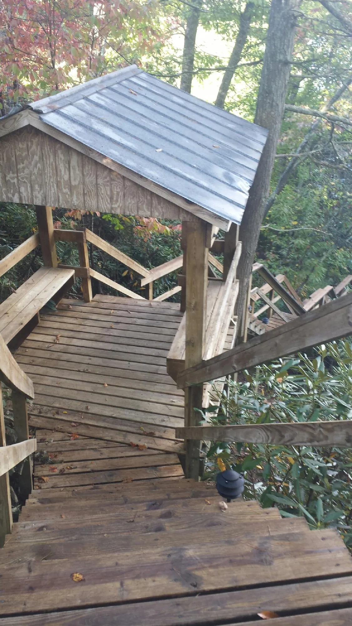 Metal roofed shelter over wooden steps on a wooded walkway — Skylight Repair & Installation work by our crew in Bombay